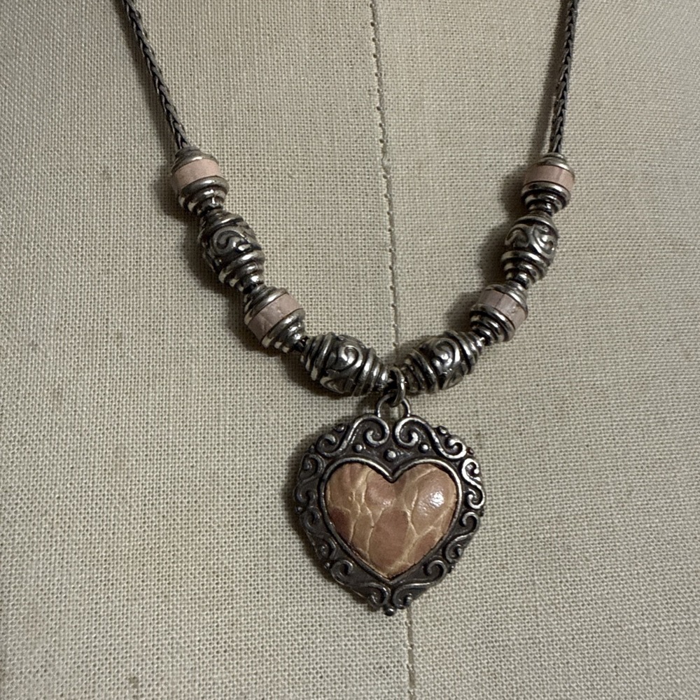 Brighton Park Avenue Pink Leather Heart Necklace Silver Tone Scroll Adjustable